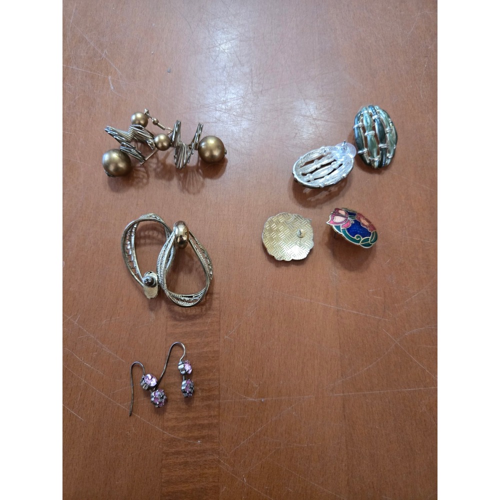 Vintage Costume Earring Lot 5 Pair Enamel Floral Filigree Rhinestone Gold Silver